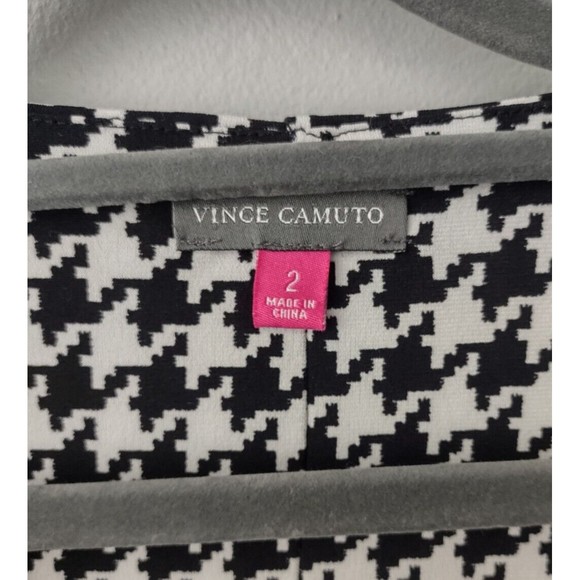 Vince Camuto Black White Blouson Dress Womens 2 Houndstooth Check Faux Belt - Picture 2 of 6